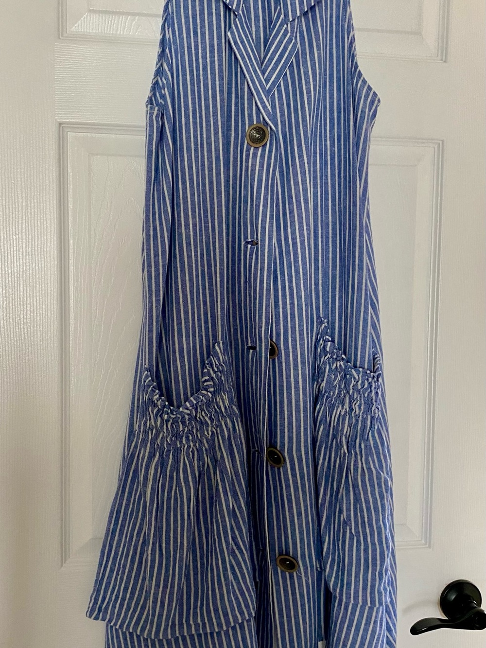 For Cynthia Blue and White Vertical Stripe Sleeveless Dress
